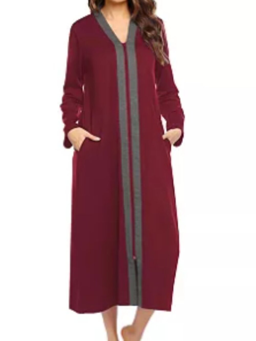 New Ekouaer Full Front Zipper Long Robe Housecoat Dark Burgundy Red 2XL